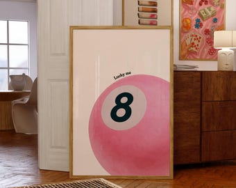 Lucky 8 Ball Print, Pool Ball Print, Vintage Game Room Decor, Luck Wall Art, Pink Billiards Print, Pool Print, Retro Art, Funky Vintage Art, image 1