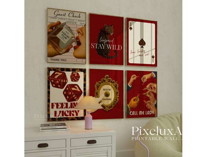 Retro Red Girly Wall Art Set – 6 Trendy Posters, Y2K…