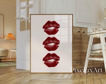 Red Kiss Lips Wall Art, Girly Fashion Chic Decor, Minimal Glam Lips Printable Poster, Aesthetic Lip Print Art, Dorm Room Art, image 3