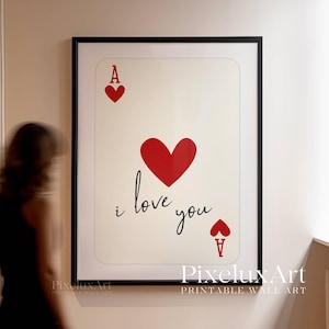 As de Corazones, Arte de pared "Te amo", Póster romántico de As rojo, Regalo sentimental para ella, Impresión tipográfica "Te amo", Decoración de naipes
