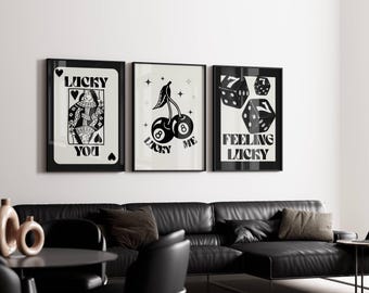 Lucky Wall Art Set of 3 – Lucky You Black and White Casino Gallery Prints, Retro Dice & Playing Card Posters, Stylish Game Room or Bar Decor, image 1