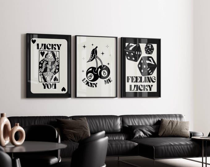 Lucky Wall Art Set of 3 – Lucky You Black and White Casino…