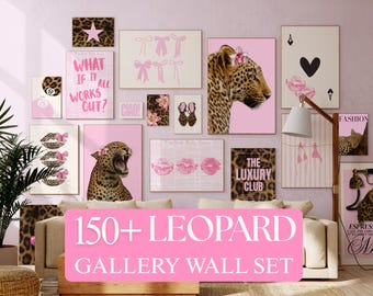 150+ roze Y2K Gallery luipaard muurkunst set | Coquette muurset met jachtluipaardprint, girly preppy slaapzaaldecor, trendy esthetische posterbundel