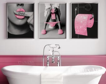 Pink Glam Bathroom Wall Art Set of 6 - Glitter Lips, High Heels & Retro Glam Prints, Funny Bathroom Wall Art Set | Cute Bathroom Posters, image 5