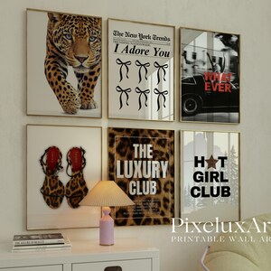 May include: A collection of framed wall art with a fashion theme. The prints feature a leopard, text that reads "I Adore You", a black car, high heels, and the text "The Luxury Club" and "Hot Girl Club". The frames are gold.