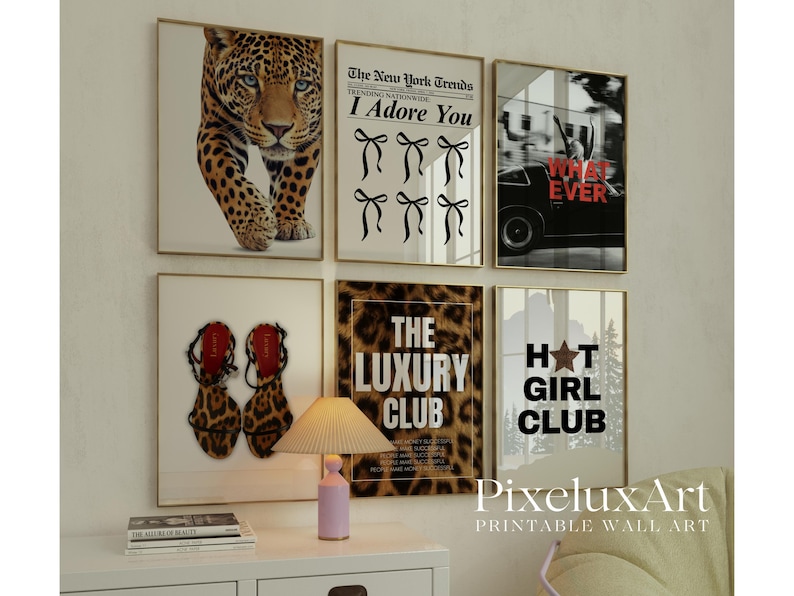 May include: A collection of framed wall art with a fashion theme. The prints feature a leopard, text that reads "I Adore You", a black car, high heels, and the text "The Luxury Club" and "Hot Girl Club". The frames are gold.