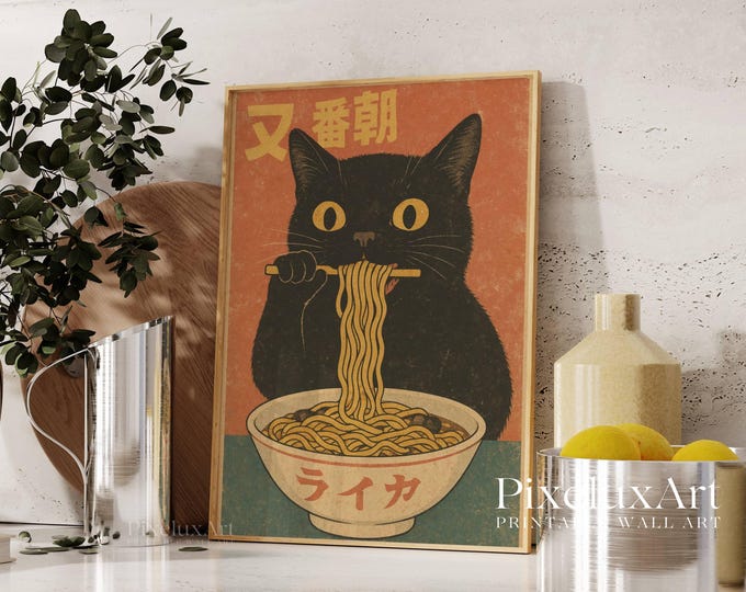Vintage Cat Eating Ramen Poster, Noodle Illustration Art…