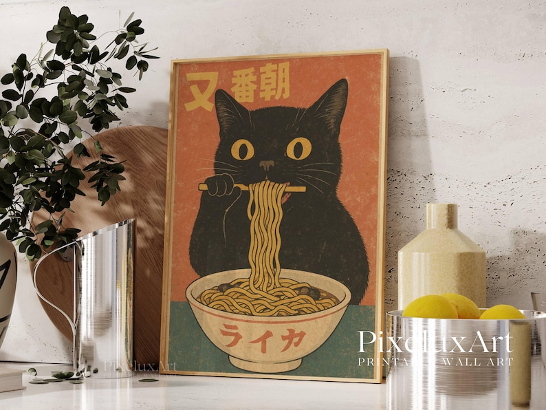 Vintage Cat Eating Ramen Poster
