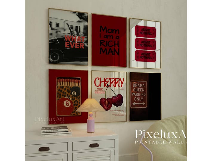 Retro Red Girly Wall Art Set – 6 Trendy Posters, Y2K…