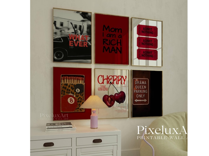 Retro Red Girly Wall Art Set