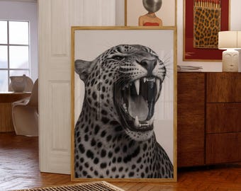 Black & White Cheetah Poster – Leopard Roar Art, Museum Quality Leopard Photo Print, Vintage Aesthetic Wall Art, Maximalist Photo Art Print, image 1