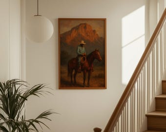 Vintage Western Cowboy Oil Painting Print – Moody Antique Wall Art, Earth Tone Southwestern Decor, Printable Mid Century Western Art, image 1