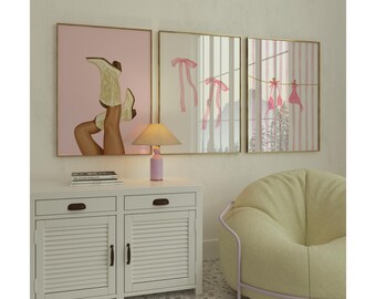Pink Wall Art Set of 6 – Coquette & College Dorm Prints, Pink Cowgirl Boots, Ribbon Bow and Bikini Poster, Preppy Girly Glam Wall Art, image 1