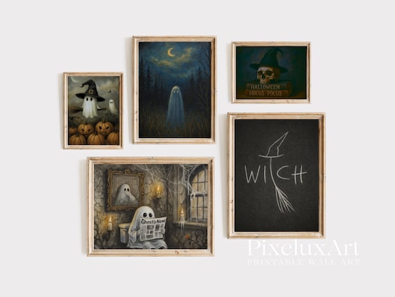Vintage Halloween Art Prints Set: Witchy Ghosts