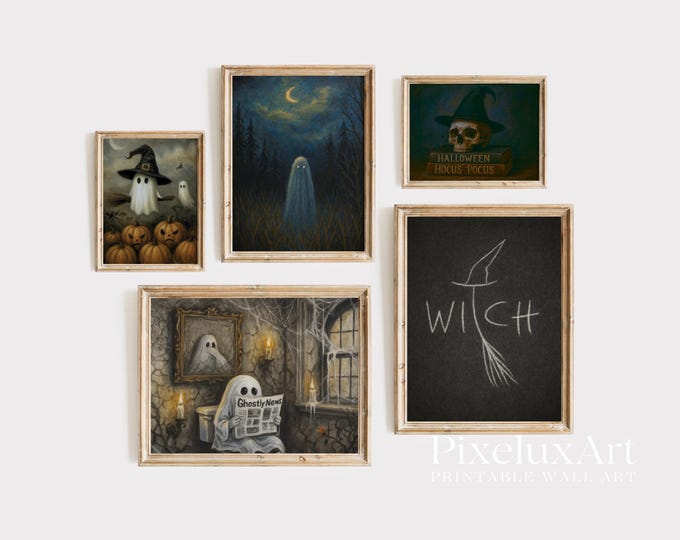 Vintage Halloween Art Prints Set: Witchy Ghosts, Skulls…