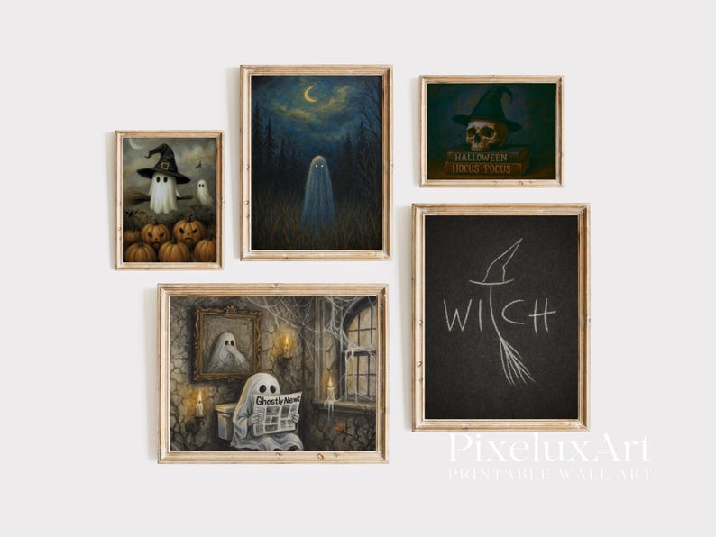 Vintage Halloween Art Prints Set: Witchy Ghosts
