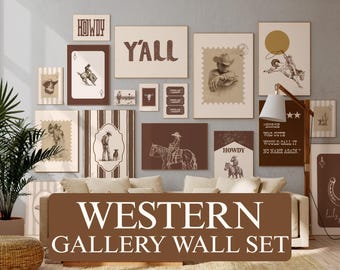 Western Gallery Wall 18er Set | Cowboy druckbare Kunst | Rustikales Landhaus Dekor | Vintage südwestlicher ästhetischer Druck