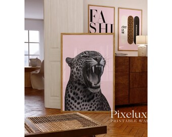 Trendy Pink Black Gallery Wall Art, Set of 6 Light Pink Aesthetic Chic Apartment Decor, Trendy Fashion Leopard Print, Stylish Y2K Wall Art, image 6