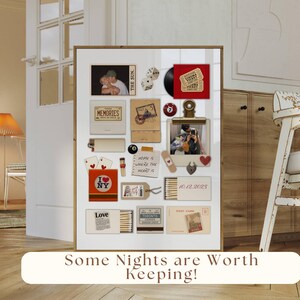 May include: A framed display of various memorabilia, including photos, tickets, and postcards. The items are arranged on a white background, with a gold frame. The text "Some Nights are Worth Keeping!" is at the bottom.