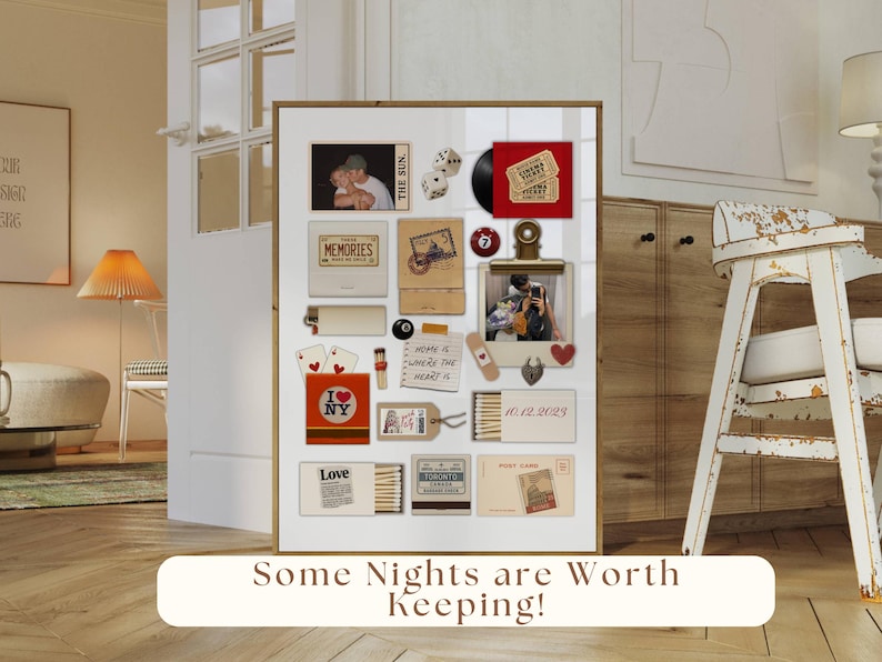 May include: A framed display of various memorabilia, including photos, tickets, and postcards. The items are arranged on a white background, with a gold frame. The text "Some Nights are Worth Keeping!" is at the bottom.