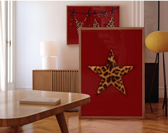 Retro Leopard Star Wall Art, Vintage Leopard Print, Red Star Girl Poster, Funky Y2K Aesthetic Print, Cheetah Girly Wall Art, image 5