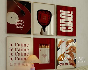 Set of 6 Girly Red Wall Art Prints - Feminine Aesthetic Poster, Vintage Matchbox, Typography, Vinyl Print, Trendy Dorm & Apartment Wall Art, image 9
