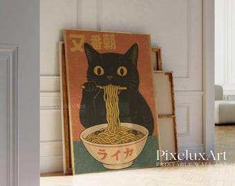 Vintage Cat Eating Ramen Poster, Noodle Illustration Art, Ramen Lover Gift, Quirky Cat Kitchen Decor, Japanese Decor, Gift for Noodle Lover, image 3