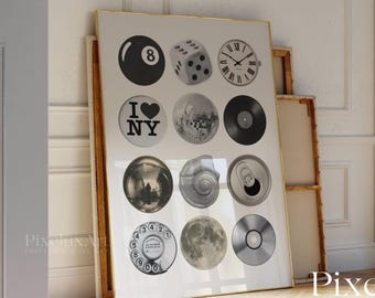 Retro Collage Wall Art, Trendy Wall Art, Y2K Aesthetic Poster, Funky Print with Disco Ball, 8 Ball, Dice, Vinyl, Moon, Vintage Aesthetic Art, image 3