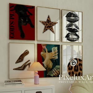 May include: A collection of six framed wall art prints. The prints feature a black panther, a leopard print star, stacked black lips, leopard print heels, a woman holding money, and a leopard print 8-ball. The text "GOD'S PLAN" is visible.