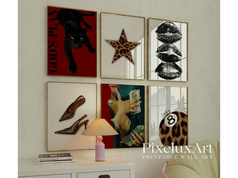 May include: A collection of six framed wall art prints. The prints feature a black panther, a leopard print star, stacked black lips, leopard print heels, a woman holding money, and a leopard print 8-ball. The text "GOD'S PLAN" is visible.