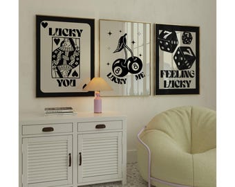 Lucky Wall Art Set of 3 – Lucky You Black and White Casino Gallery Prints, Retro Dice & Playing Card Posters, Stylish Game Room or Bar Decor, image 3
