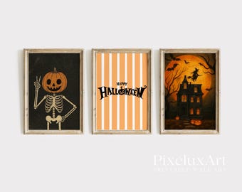 Halloween Wall Art Set of 6 – Spooky Pumpkin Skeleton, Haunted House, Ghost, Witch Hat, Full Moon, Vintage Halloween Decor Prints, image 3
