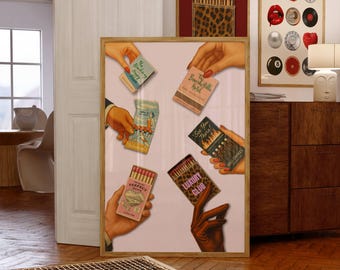 Retro Matchbox Art Print, Vintage Bar Cart Poster, Funky Girly Poster, Girly Retro Wall Art, Vintage Aesthetic Print, Retro Dorm Room Decor, image 1