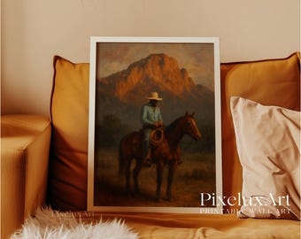 Vintage Western Cowboy Oil Painting Print – Moody Antique Wall Art, Earth Tone Southwestern Decor, Printable Mid Century Western Art, image 9
