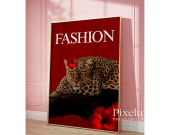 Red Leopard Fashion Poster, Vintage Cheetah Wall Art, Retro Y2K Aesthetic, Luxury Glam Wall Art, Chic Leopard Print, Bold Fashion Decor, image 4
