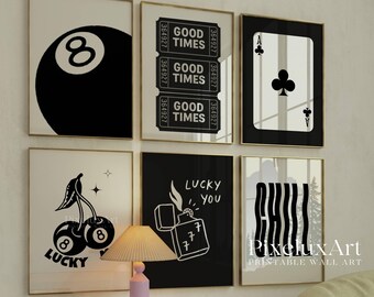 Black and White Lucky Wall Art Set of 6 - Game Room Decor, Retro 8 Ball, Ace Card, Cherry Ball Prints, Aesthetic Chic, Stylish Fashion Print, image 9