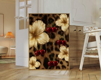 Cherry Leopard Wall Art | Luxury Glam Printable Poster | Gold Floral Leopard Print | Chic Fashion Decor | Red Glam Home Style, image 3