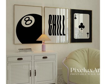 Black and White Lucky Wall Art Set of 6 - Game Room Decor, Retro 8 Ball, Ace Card, Cherry Ball Prints, Aesthetic Chic, Stylish Fashion Print, image 3