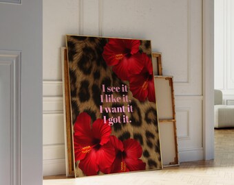 Leopard Print Quote Poster | Red Floral Glam Wall Art | Chic Printable Fashion Decor, Luxury Glam Printable Poster | Girly Bedroom Wall Art, image 5