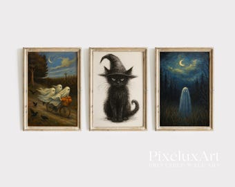 Halloween Wall Art Set of 6 – Spooky Ghosts, Black Cat, Witch, Pumpkin, Haunted House, Full Moon, Vintage Halloween Decor Prints, image 4