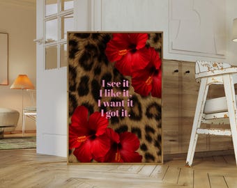 Leopard Print Quote Poster | Red Floral Glam Wall Art | Chic Printable Fashion Decor, Luxury Glam Printable Poster | Girly Bedroom Wall Art, image 3