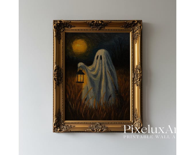 Lantern Ghost Halloween Wall Art – Vintage Spooky Ghost…