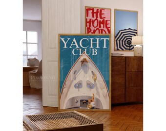 Yacht Club Poster, Vintage Sailboat Magazine Print, Summer House Poster, Luxury Print, Old Money Aesthetic Summer Poster, Coastal Wall Art, image 1