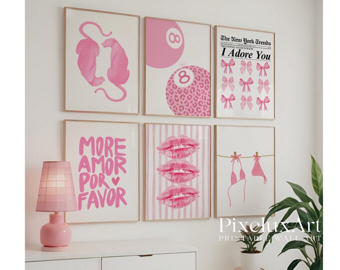Pink Wall Art Set of 6, Y2K Aesthetic Prints, Girly Bedroom…