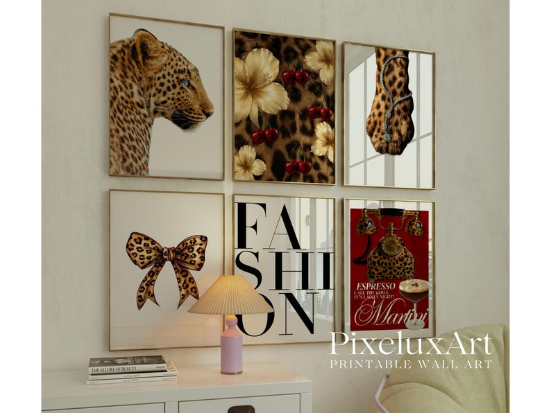 May include: A collection of framed wall art with a leopard print theme. The art includes images of a leopard's face, a bow, flowers, and the word "FASHION". One piece features a red background with a martini glass and the words "Espresso Martini".