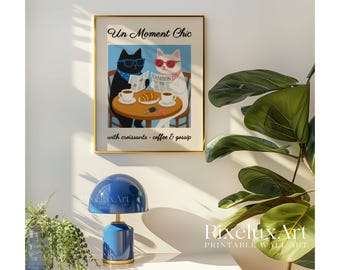 French Café Poster, Croissant & Coffee Cat Print, Cafe Au Lait Poster, Funny Cat Kitchen Art, Cat Wall Decor, Cute Cat Coffee Illustration, image 7