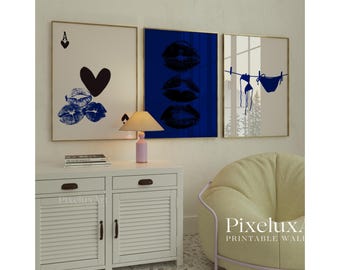 Navy Blue Poster Set, Leopard Wall Art, Amore Typography Prints, Blue Aesthetic Gallery Wall, Lips & Ace of Hearts Art, Fashion Chic Decor, image 4