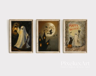 Halloween Wall Art Set of 6 – Spooky Ghosts, Black Cat, Witch, Pumpkin, Haunted House, Full Moon, Vintage Halloween Decor Prints, image 3