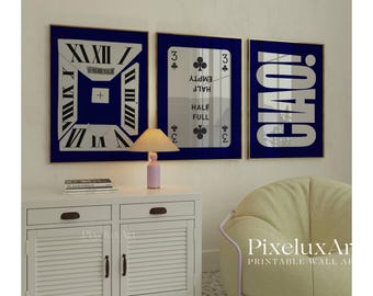 Navy Blue Set of 6 Trendy Gallery Wall Art, Aesthetic  Chic Apartment Decor, Trendy Leopard, Ace Card Print, Stylish Y2K Wall Art, image 3