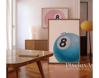 Lucky 8 Ball Print, Pool Ball Print, Vintage Game Room Decor, Luck Wall Art, Blue Billiards Print, Pool Print, Retro Art, Funky Vintage Art, image 9